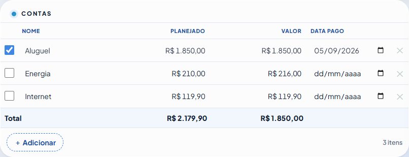 Tabela de contas do mês com valor planejado e pago